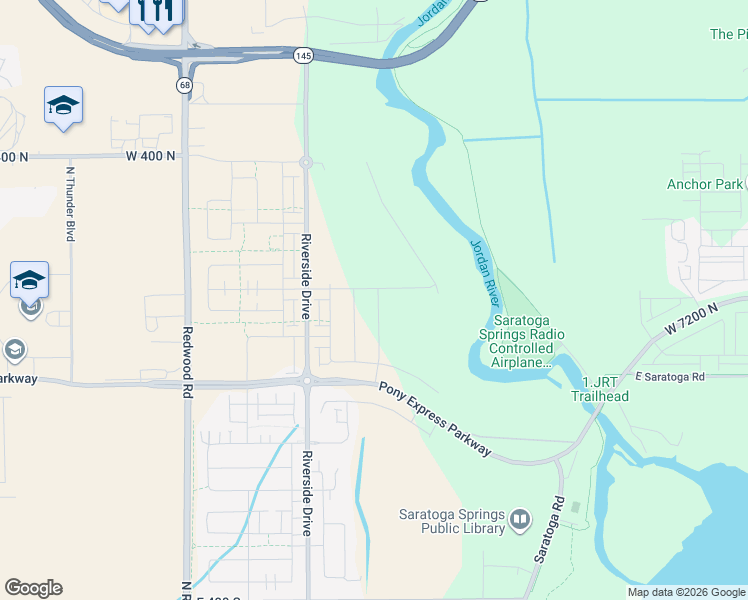 map of restaurants, bars, coffee shops, grocery stores, and more near Jordan River Trail in Lehi