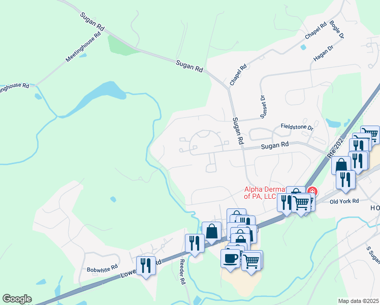 map of restaurants, bars, coffee shops, grocery stores, and more near 702 Harrowgate Lane in New Hope