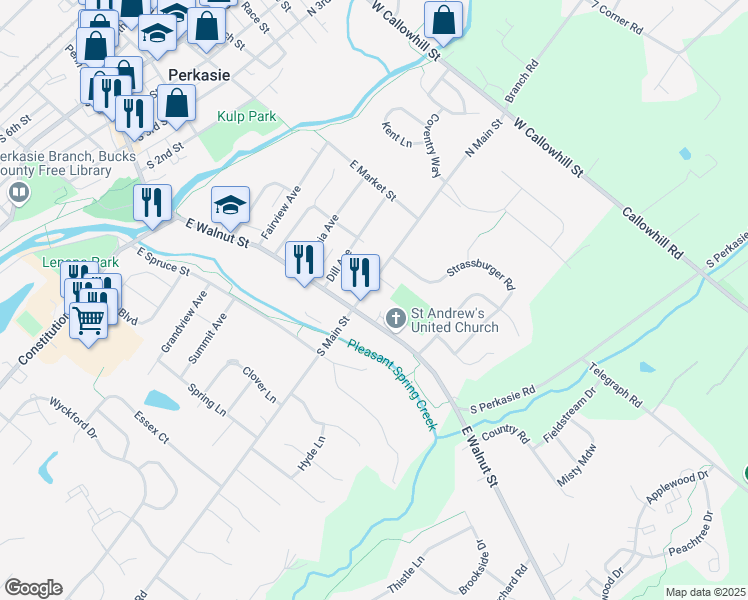 map of restaurants, bars, coffee shops, grocery stores, and more near 133 South Main Street in Perkasie
