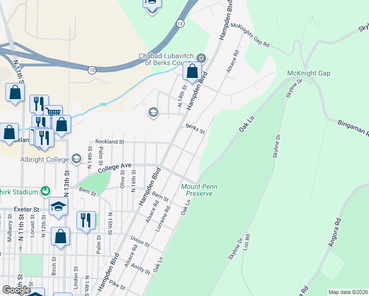 map of restaurants, bars, coffee shops, grocery stores, and more near 2001 Hampden Boulevard in Reading