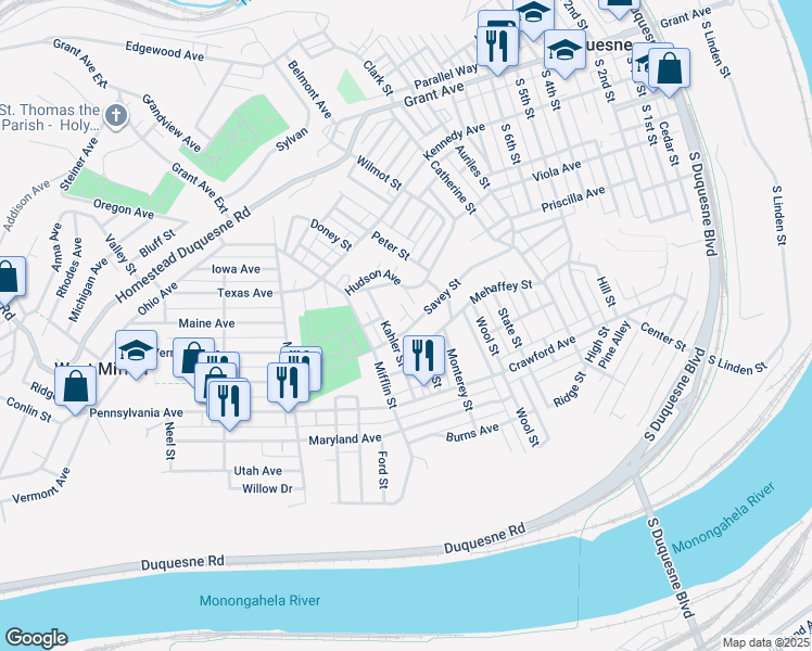 map of restaurants, bars, coffee shops, grocery stores, and more near 1132 Savey Street in Duquesne