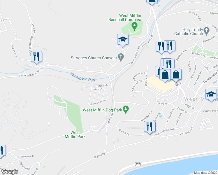 map of restaurants, bars, coffee shops, grocery stores, and more near 3101 Homestead Duquesne Road in West Mifflin