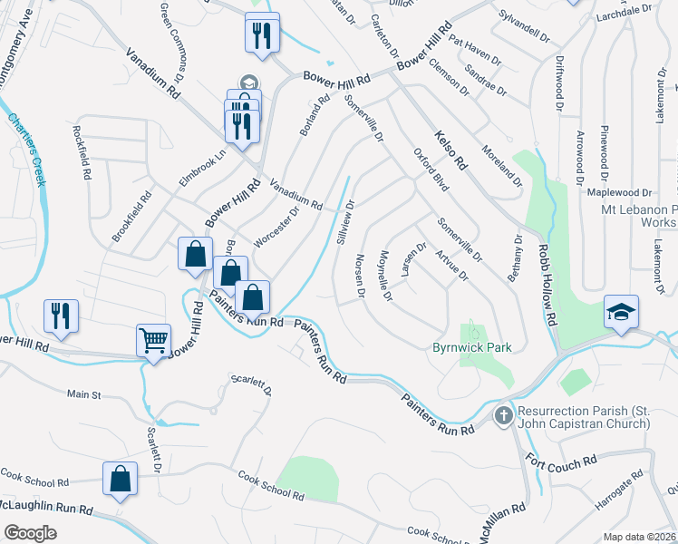 map of restaurants, bars, coffee shops, grocery stores, and more near 1753 Sillview Drive in Pittsburgh