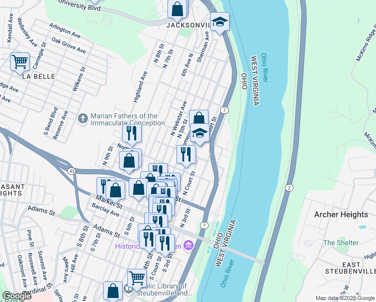 map of restaurants, bars, coffee shops, grocery stores, and more near 403 North 4th Street in Steubenville