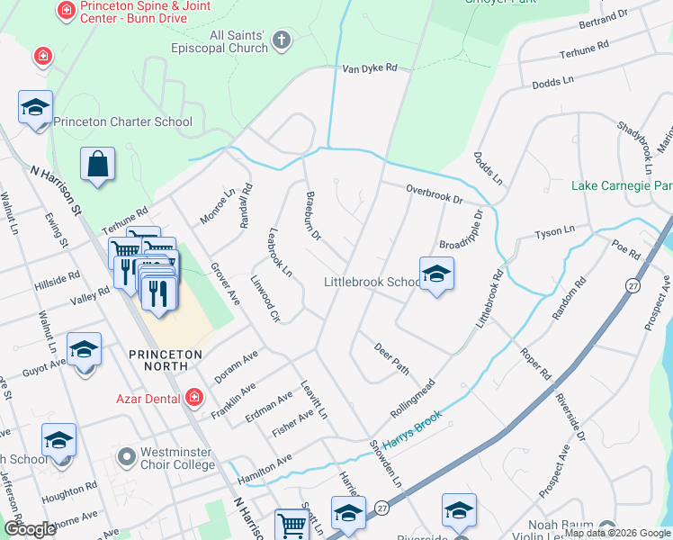 map of restaurants, bars, coffee shops, grocery stores, and more near 10 Braeburn Drive in Princeton