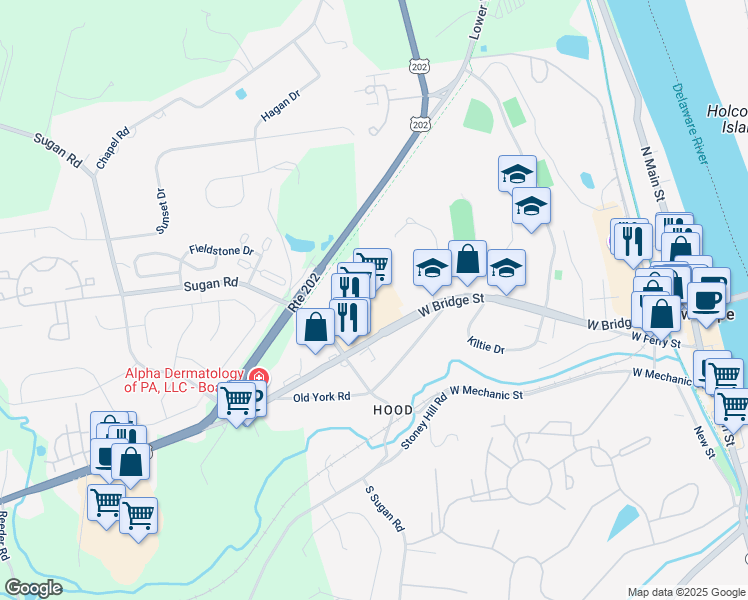 map of restaurants, bars, coffee shops, grocery stores, and more near 300 West Bridge Street in New Hope
