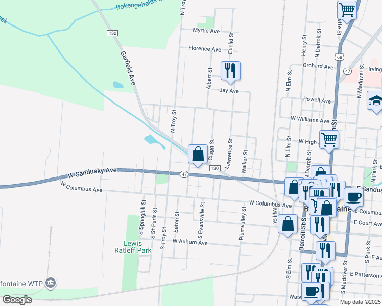 map of restaurants, bars, coffee shops, grocery stores, and more near 308 North West Street in Bellefontaine