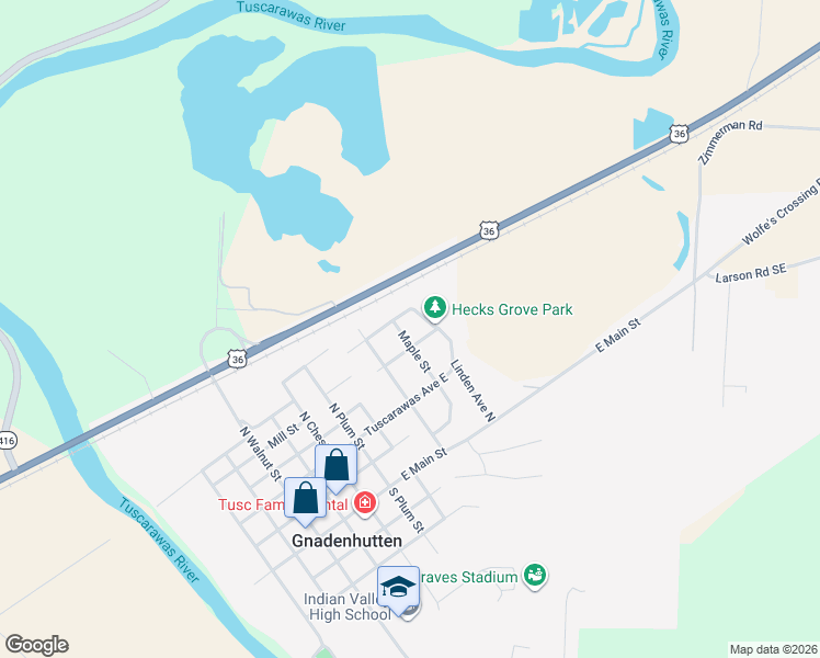 map of restaurants, bars, coffee shops, grocery stores, and more near 325 Maple Street in Gnadenhutten