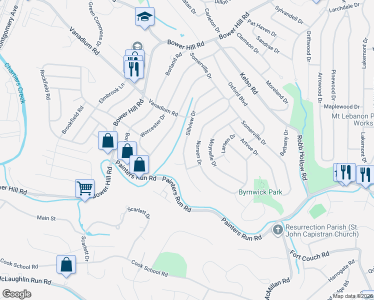 map of restaurants, bars, coffee shops, grocery stores, and more near 1753 Sillview Drive in Pittsburgh