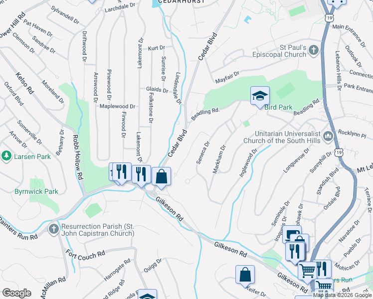 map of restaurants, bars, coffee shops, grocery stores, and more near 142 James Place in Pittsburgh