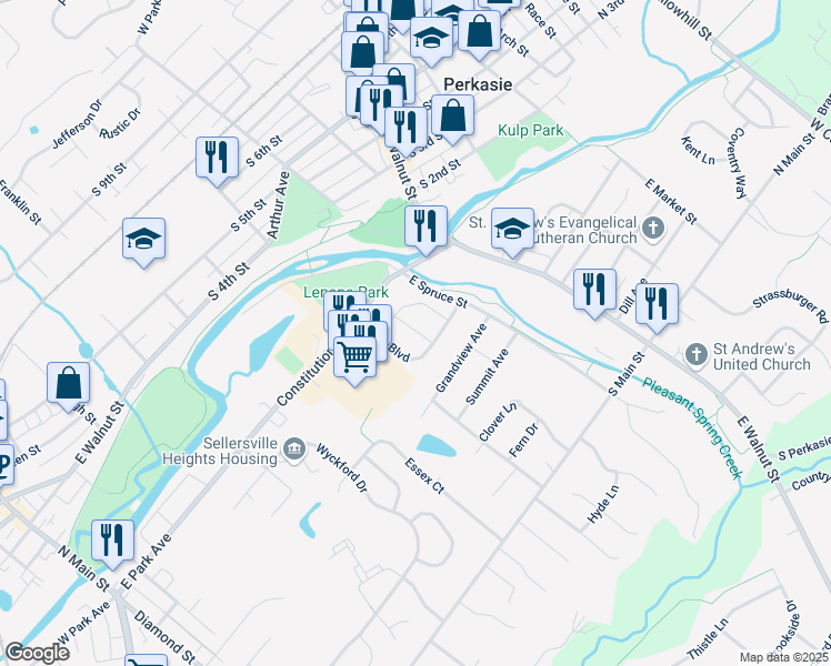 map of restaurants, bars, coffee shops, grocery stores, and more near 318 Pin Oak Lane in Perkasie