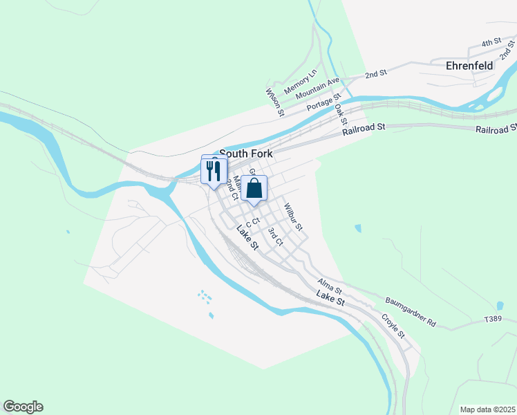map of restaurants, bars, coffee shops, grocery stores, and more near 559 Church Street in South Fork
