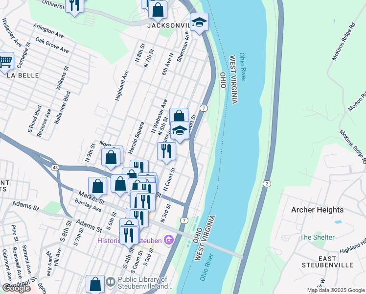 map of restaurants, bars, coffee shops, grocery stores, and more near 420 North 4th Street in Steubenville