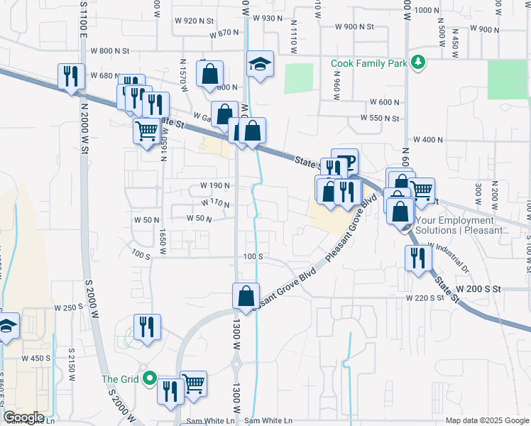 map of restaurants, bars, coffee shops, grocery stores, and more near 1212 West Spencer Road in Pleasant Grove
