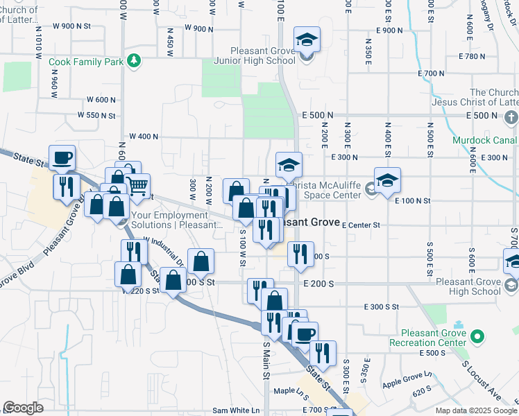 map of restaurants, bars, coffee shops, grocery stores, and more near 67 North Main Street in Pleasant Grove
