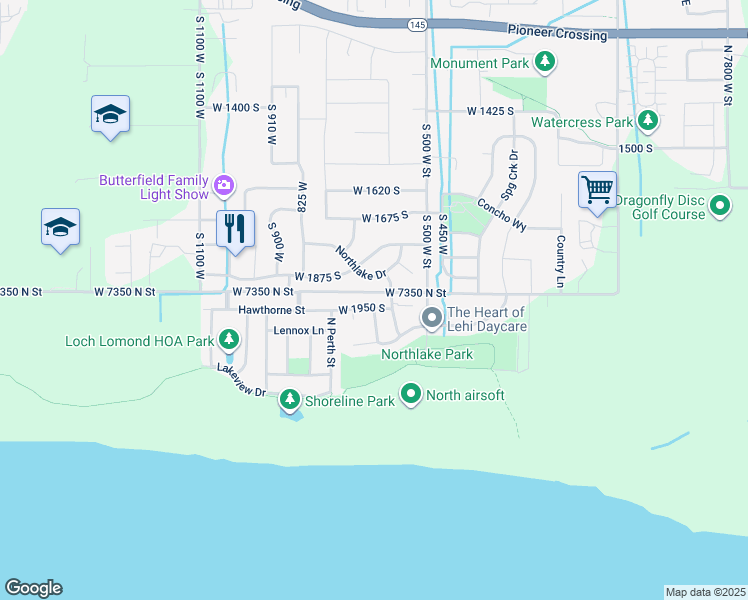 map of restaurants, bars, coffee shops, grocery stores, and more near 622 West 1950 South in Lehi