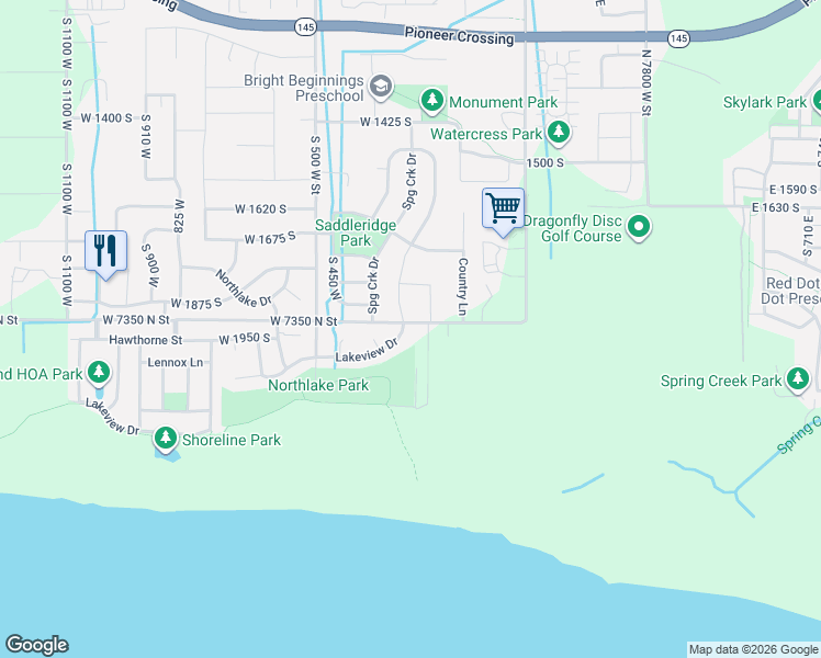 map of restaurants, bars, coffee shops, grocery stores, and more near 303 Lakeview Drive in Lehi