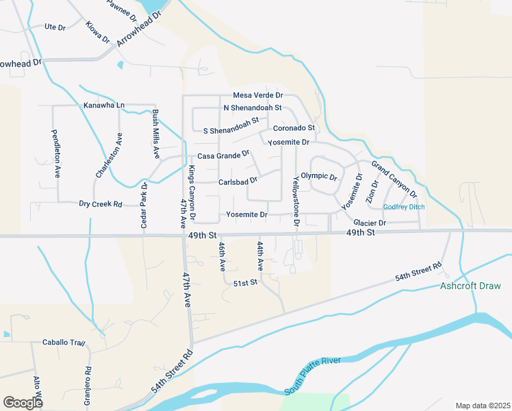 map of restaurants, bars, coffee shops, grocery stores, and more near 4803 Hot Springs Drive in Greeley