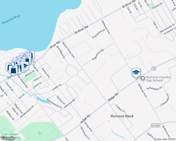 map of restaurants, bars, coffee shops, grocery stores, and more near 27 Buena Vista Avenue in Rumson