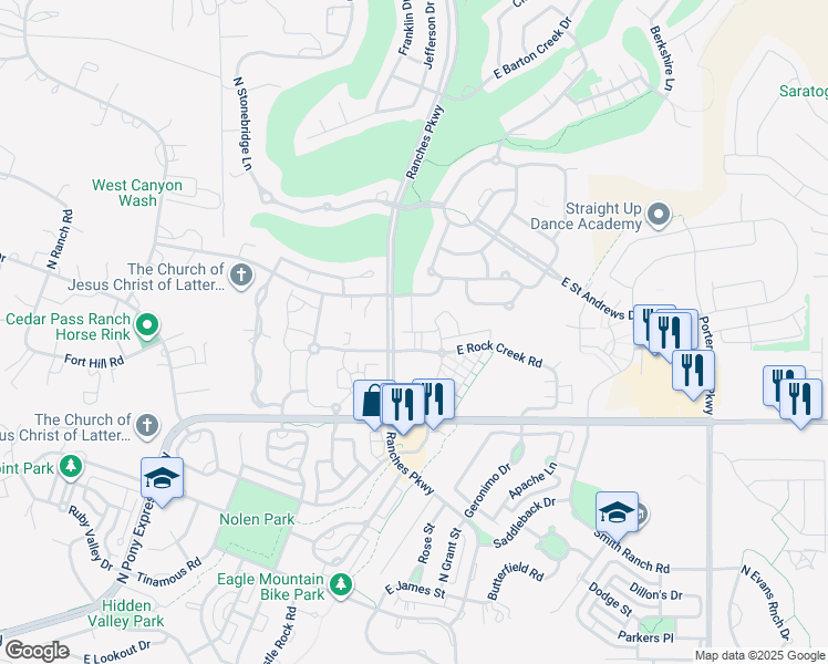 map of restaurants, bars, coffee shops, grocery stores, and more near 3579 East Rock Creek Road in Eagle Mountain