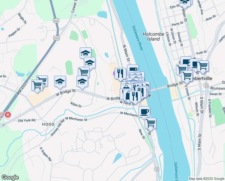 map of restaurants, bars, coffee shops, grocery stores, and more near 34 Chestnut Street in New Hope