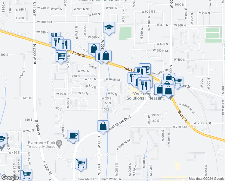 map of restaurants, bars, coffee shops, grocery stores, and more near 99 Cambria Way in Pleasant Grove