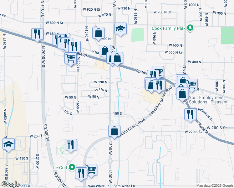 map of restaurants, bars, coffee shops, grocery stores, and more near 84 North Spencer Road in Pleasant Grove