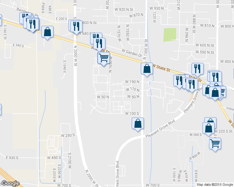 map of restaurants, bars, coffee shops, grocery stores, and more near 1593 West 110 North in Pleasant Grove