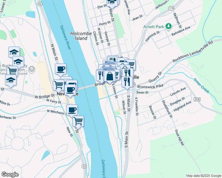 map of restaurants, bars, coffee shops, grocery stores, and more near 25 Ferry Street in Lambertville