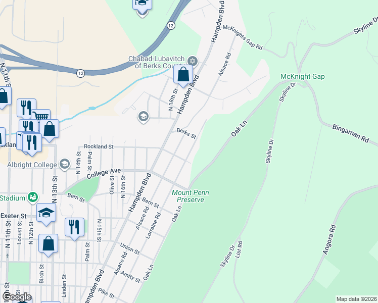 map of restaurants, bars, coffee shops, grocery stores, and more near 2040 Lorraine Road in Reading