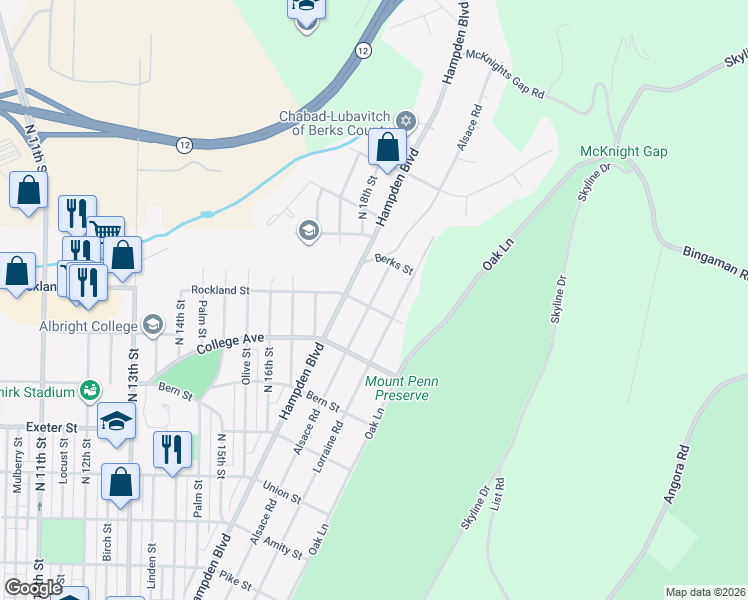 map of restaurants, bars, coffee shops, grocery stores, and more near 2001 Hampden Boulevard in Reading