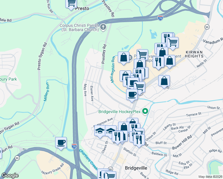 map of restaurants, bars, coffee shops, grocery stores, and more near 247 Saint Clair Street in Bridgeville