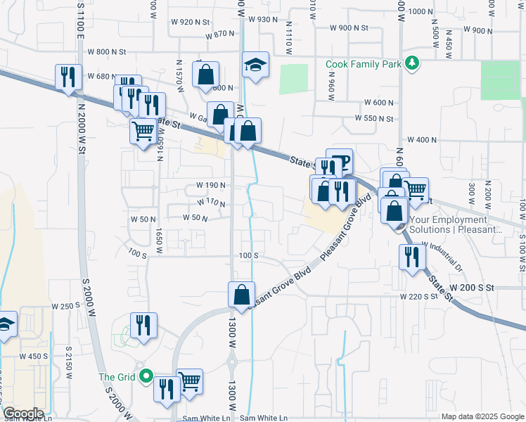 map of restaurants, bars, coffee shops, grocery stores, and more near 1212 West Spencer Road in Pleasant Grove