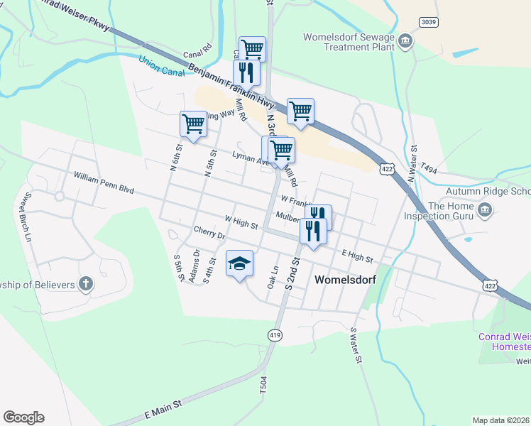 map of restaurants, bars, coffee shops, grocery stores, and more near 313 West High Street in Womelsdorf