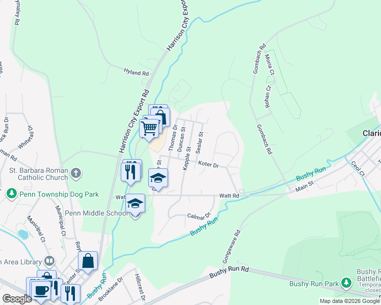 map of restaurants, bars, coffee shops, grocery stores, and more near 103 Kepple Street in Jeannette