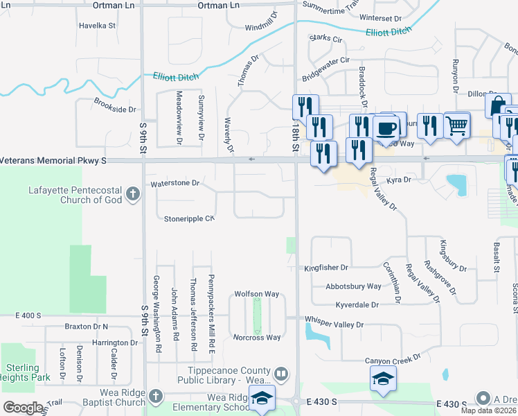map of restaurants, bars, coffee shops, grocery stores, and more near 3665 Stonegate Court in Lafayette