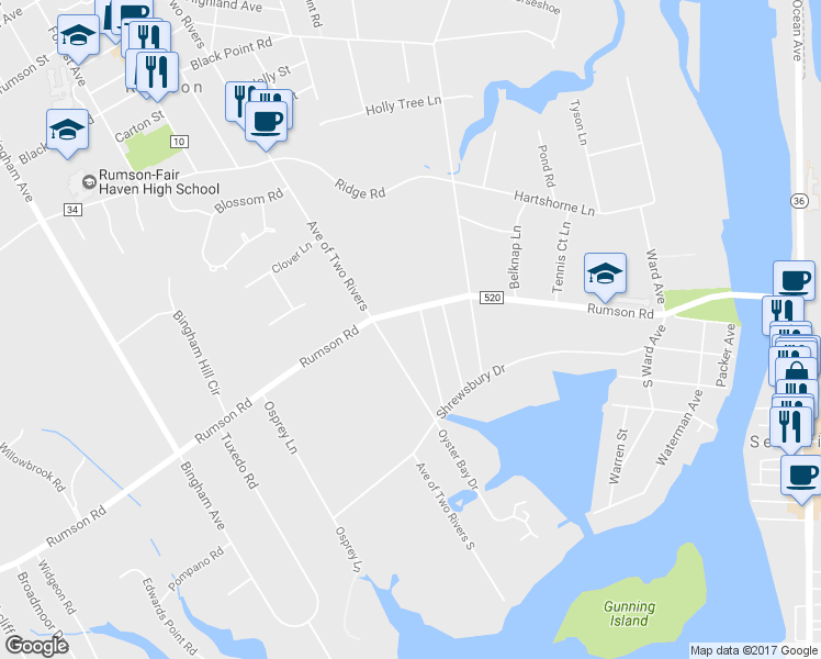 map of restaurants, bars, coffee shops, grocery stores, and more near 69 Rumson Road in Rumson