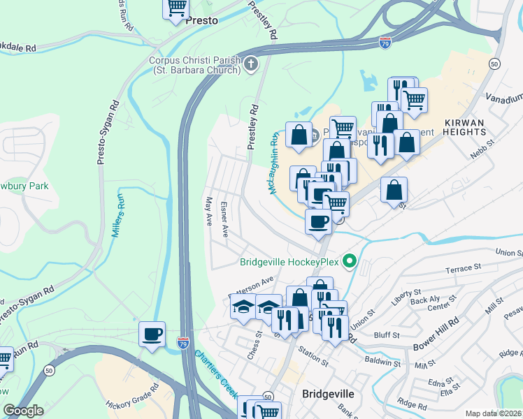 map of restaurants, bars, coffee shops, grocery stores, and more near 247 Saint Clair Street in Bridgeville