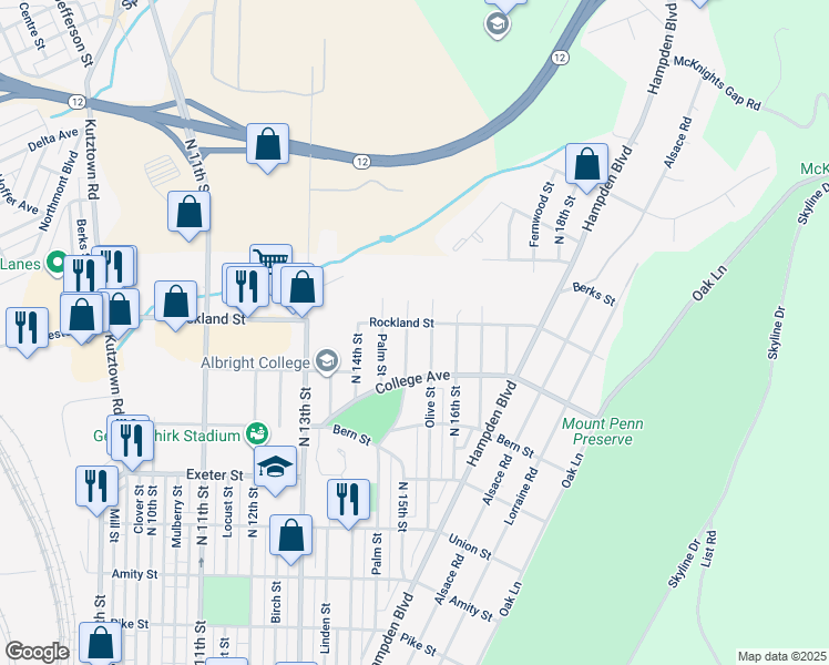 map of restaurants, bars, coffee shops, grocery stores, and more near 1947 North 15th Street in Reading