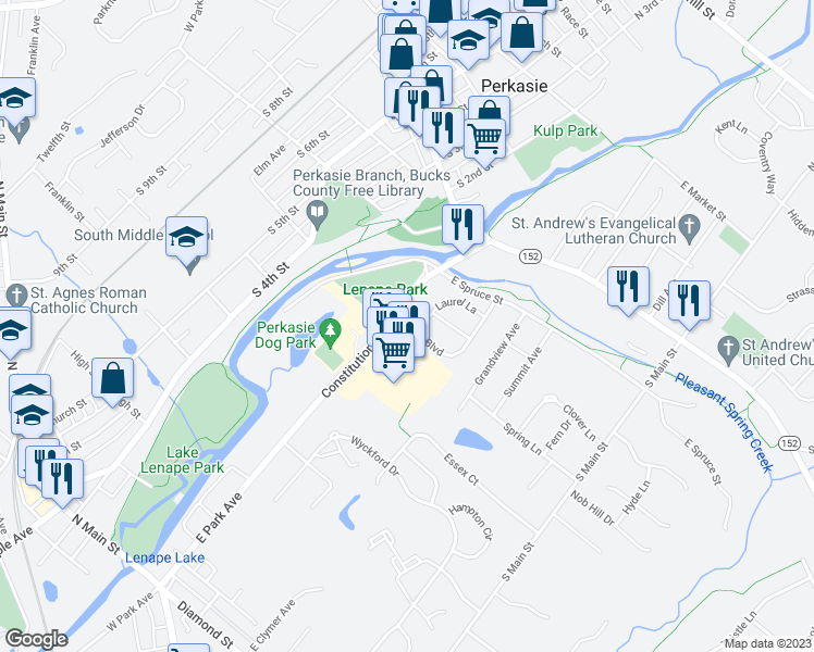 map of restaurants, bars, coffee shops, grocery stores, and more near 443 Arbor Boulevard in Perkasie