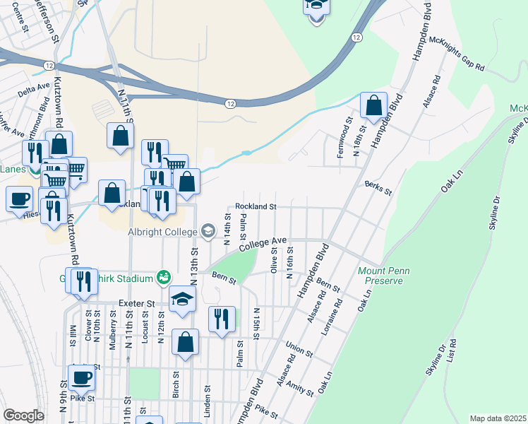 map of restaurants, bars, coffee shops, grocery stores, and more near 1947 North 15th Street in Reading