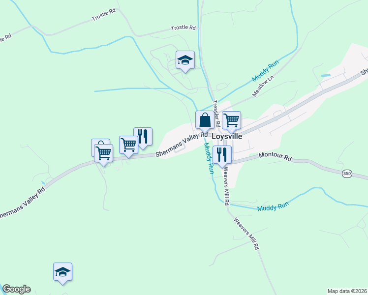 map of restaurants, bars, coffee shops, grocery stores, and more near 3592 Shermans Valley Road in Loysville