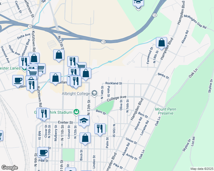 map of restaurants, bars, coffee shops, grocery stores, and more near 1942 Palm Street in Reading