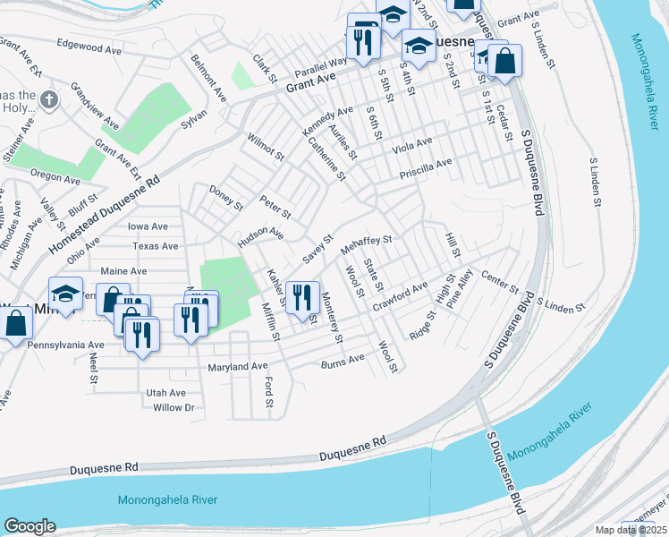 map of restaurants, bars, coffee shops, grocery stores, and more near 808 Hinnerman Street in Duquesne