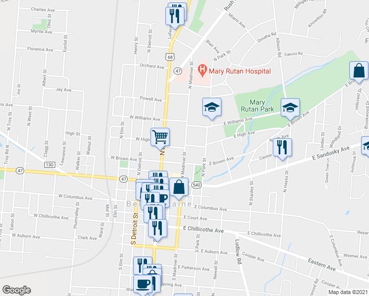 map of restaurants, bars, coffee shops, grocery stores, and more near 129 E High Ave in Bellefontaine