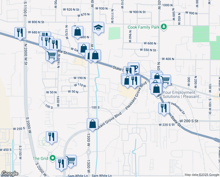 map of restaurants, bars, coffee shops, grocery stores, and more near 167 North Romney Lane in Pleasant Grove