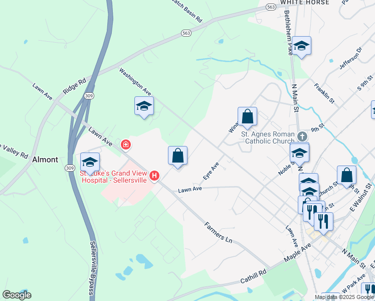 map of restaurants, bars, coffee shops, grocery stores, and more near 698G Washington Avenue in Sellersville