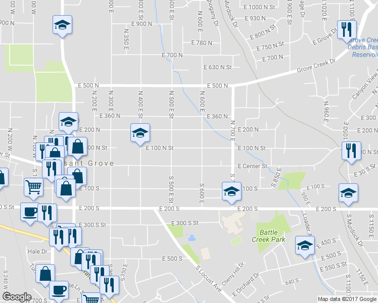 map of restaurants, bars, coffee shops, grocery stores, and more near 558 East 100 North Street in Pleasant Grove