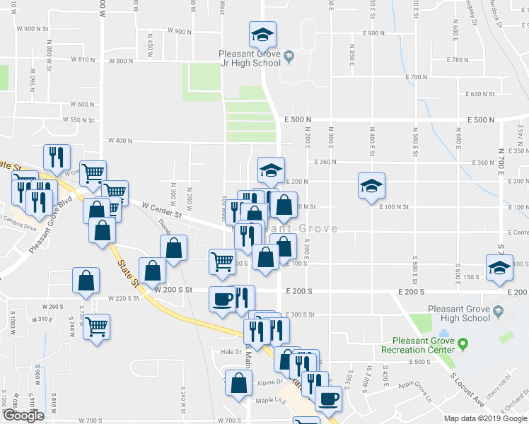 map of restaurants, bars, coffee shops, grocery stores, and more near 46 East 100 North Street in Pleasant Grove