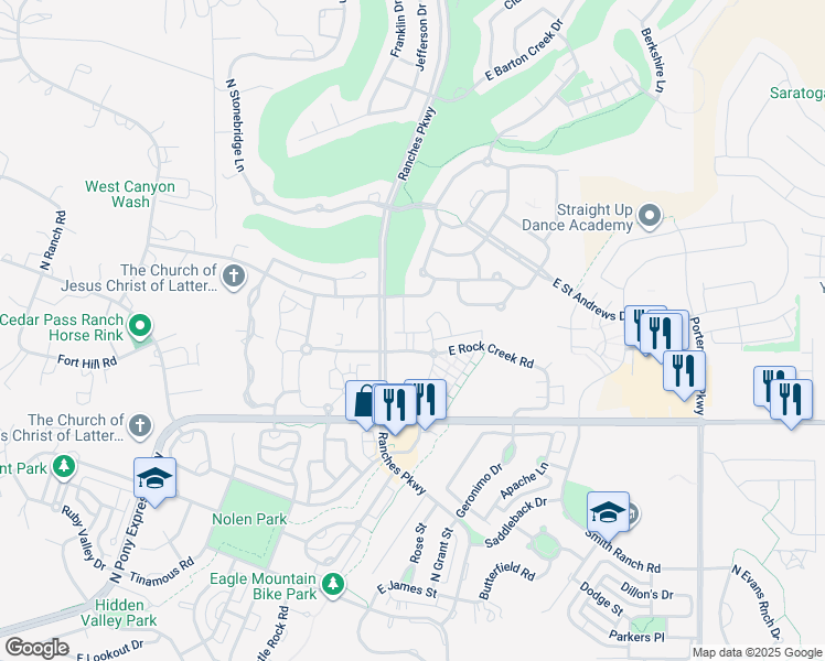 map of restaurants, bars, coffee shops, grocery stores, and more near 3579 East Rock Creek Road in Eagle Mountain